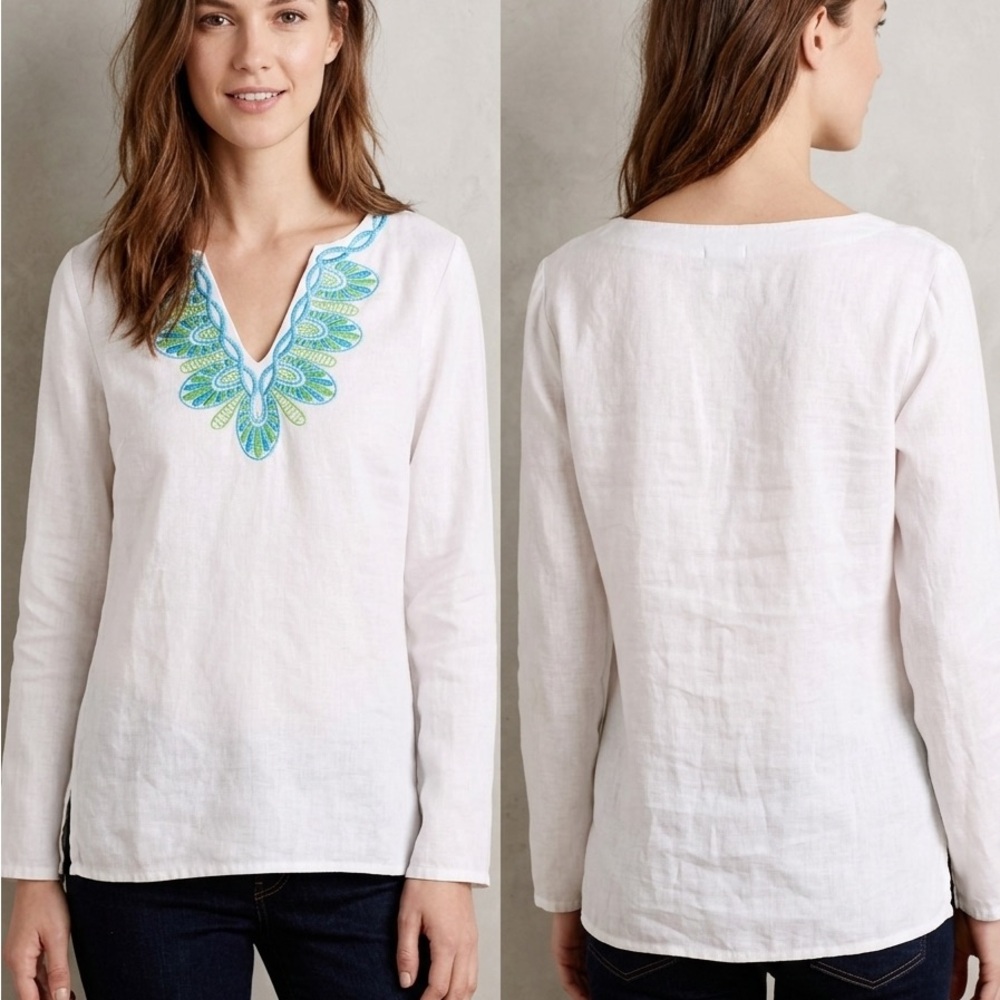 White Embroidered V-Neck Linen Top with Turquoise Detail cover up size sm